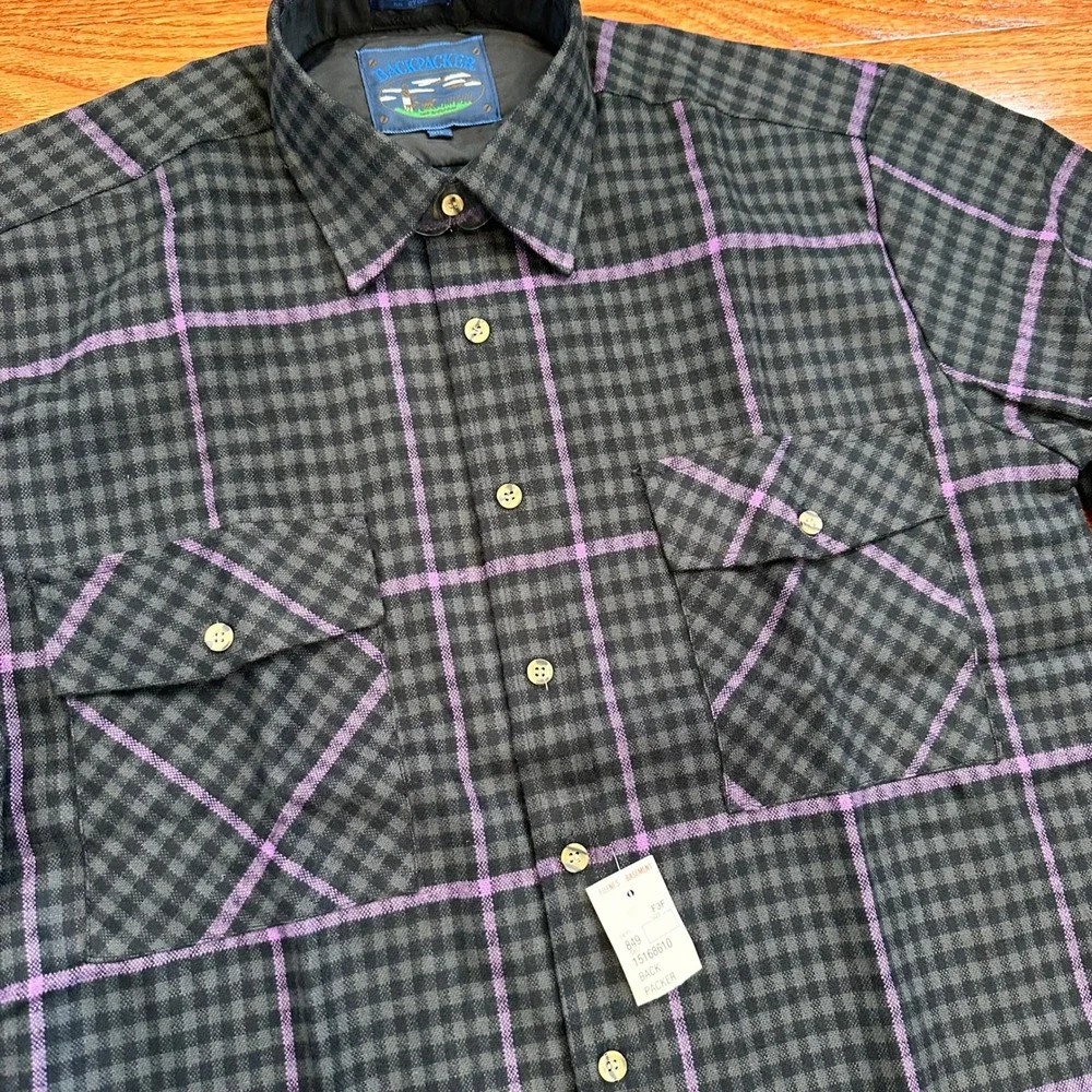 New Vintage Backpacker Flannel Shirt Mens Medium Black Gray Purple Outdoor Check - Picture 2 of 12
